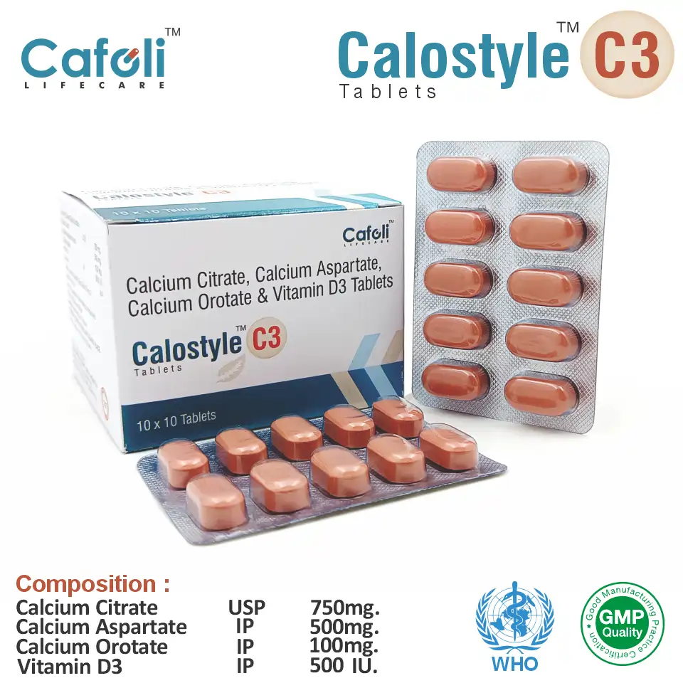 Calcium Citrate, Calcium Aspartate Anhydrous, Calcium Orotate & Vitamin D3 Tablets at the best price in PCD Pharma Franchise for bone health.
